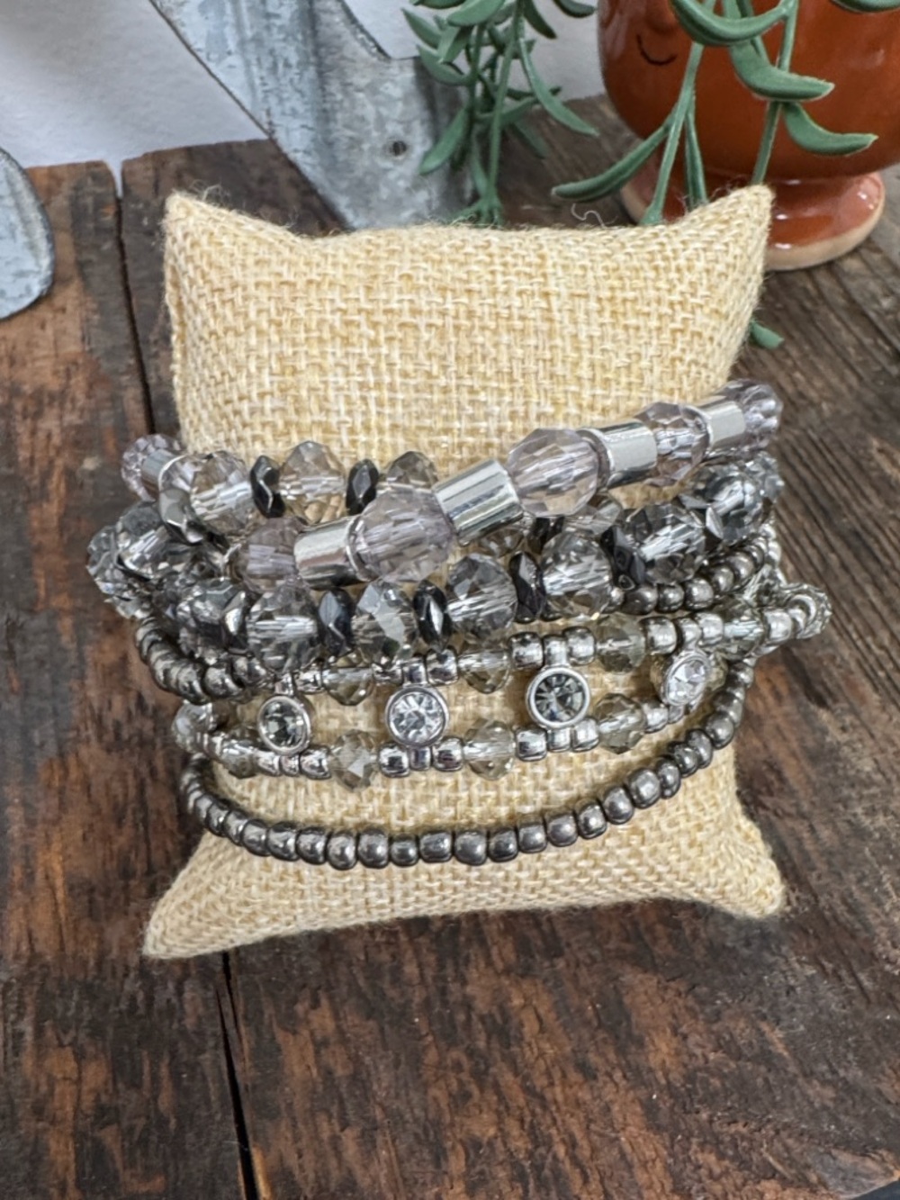 Silver and Gray Crystal Beaded Multi Strand Magnetic Clasp Bracelet